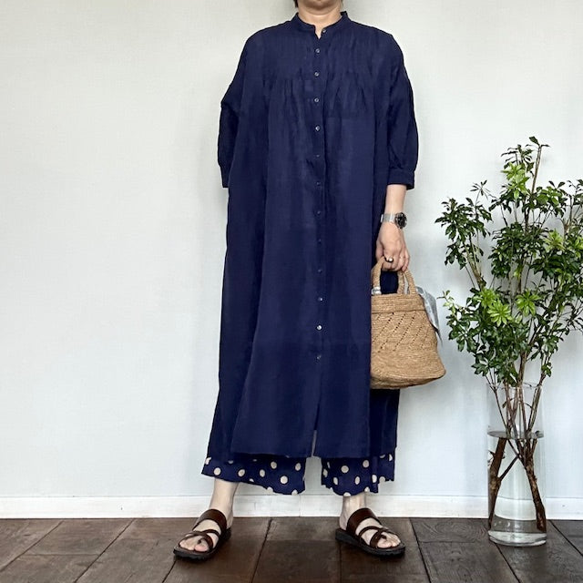 SOIL POWER LOOM LINEN PLAIN BANDED COLLAR 3/4 SLEEVE PINTUCK DRESS(ワンピース)INSL25203
