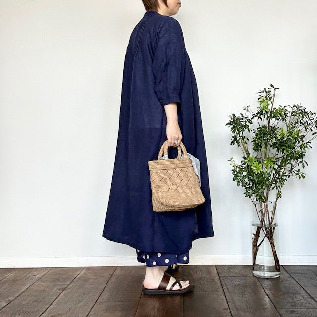 SOIL POWER LOOM LINEN PLAIN BANDED COLLAR 3/4 SLEEVE PINTUCK DRESS(ワンピース)INSL25203