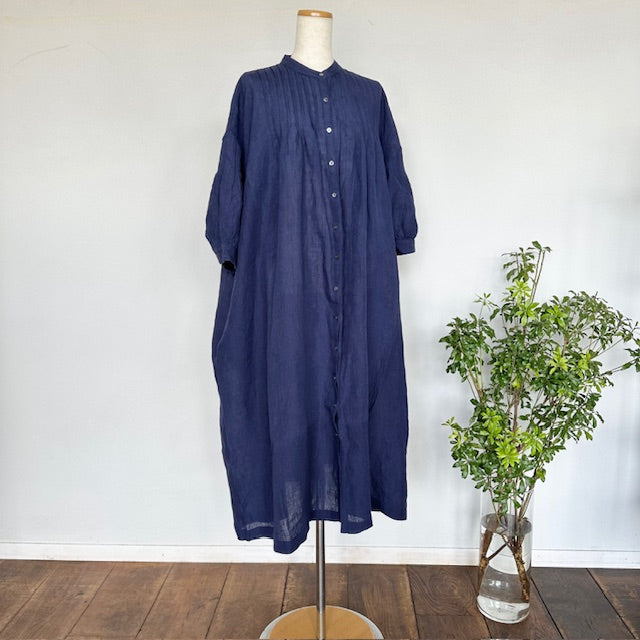 SOIL POWER LOOM LINEN PLAIN BANDED COLLAR 3/4 SLEEVE PINTUCK DRESS(ワンピース)INSL25203