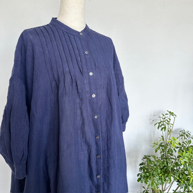 SOIL POWER LOOM LINEN PLAIN BANDED COLLAR 3/4 SLEEVE PINTUCK DRESS(ワンピース)INSL25203
