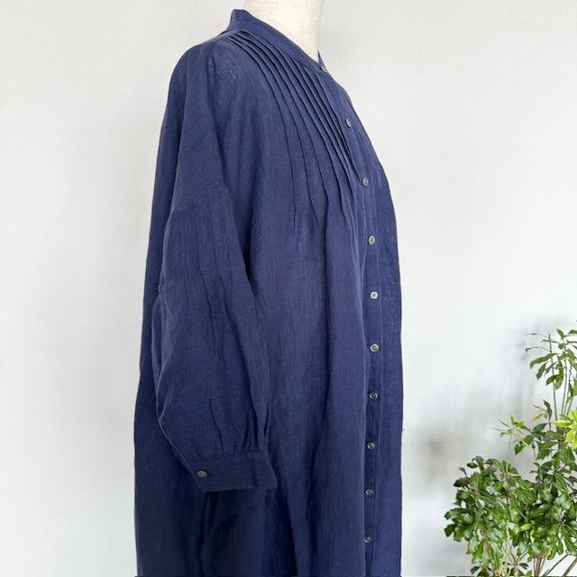 SOIL POWER LOOM LINEN PLAIN BANDED COLLAR 3/4 SLEEVE PINTUCK DRESS(ワンピース)INSL25203