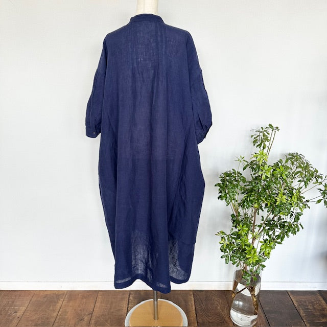 SOIL POWER LOOM LINEN PLAIN BANDED COLLAR 3/4 SLEEVE PINTUCK DRESS(ワンピース)INSL25203