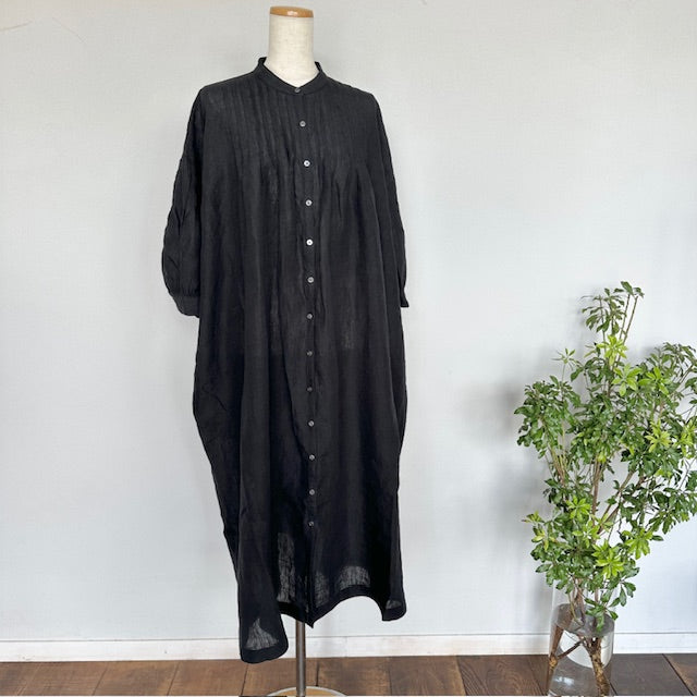SOIL POWER LOOM LINEN PLAIN BANDED COLLAR 3/4 SLEEVE PINTUCK DRESS(ワンピース)INSL25203