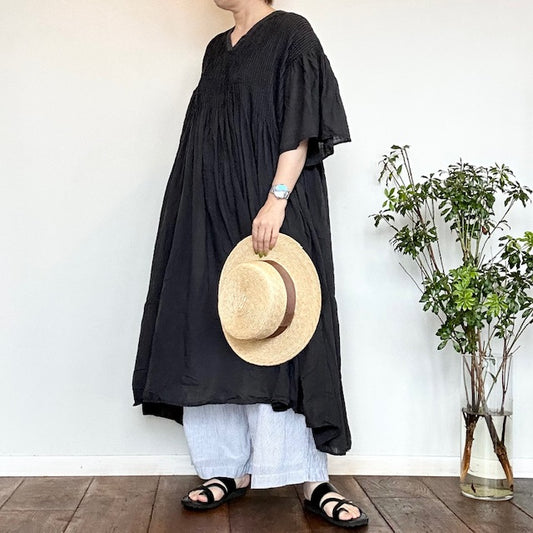 maison de soil オーガニックドビーチェックフレアスリーブピンタックワンピース NMDS25253D