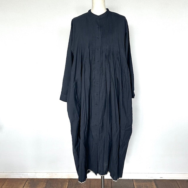 maison de soil メゾンドソイル HANDWOVEN HEAVY COTTON PLAIN MINI PINTUCK BANDED COLLAR SHIRT DRESS INMDS25724